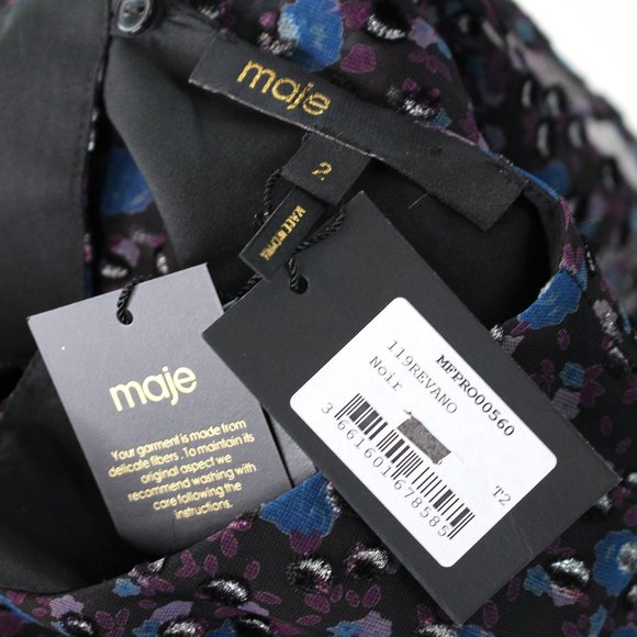 Maje Revano Long Sleeve Floral Black Silver Metallic Printed Mini Dress NEW 2 - Picture 8 of 9